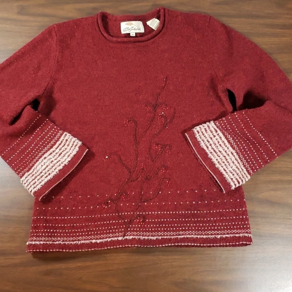 Bob Timberlake 100% Wool Beaded Flowers Floral Sweater Bell Sleeves Crew Neck M‎